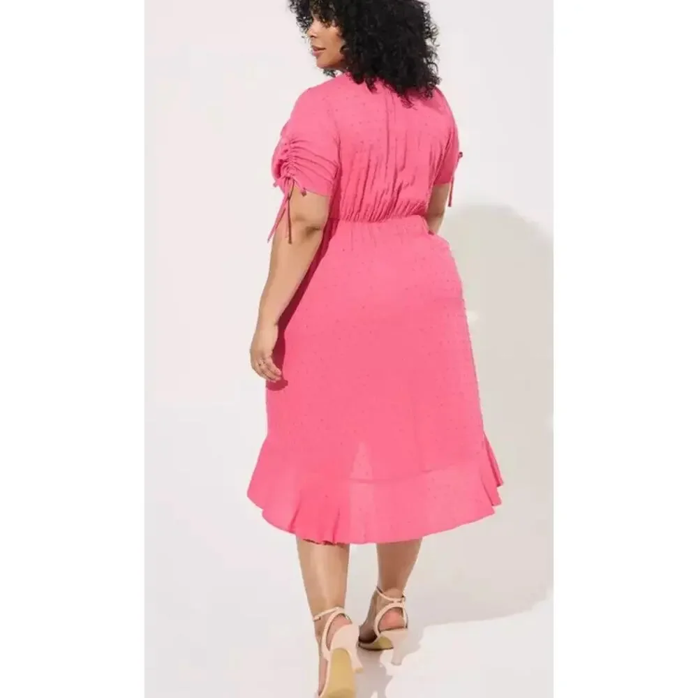 Torrid Pink Midi Swiss Dot Faux Wrap Dress Sz 4X Ruffle Hem